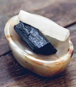 Selenite and Black Tourmaline make a wonderful duo of crystals for your workplace or to place on your office desk