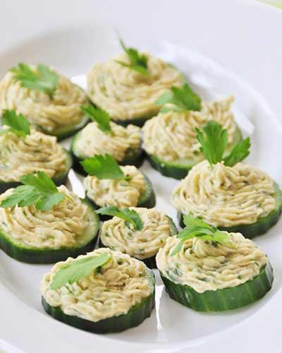 Cannellini Bean Dip on Cucumber Chips